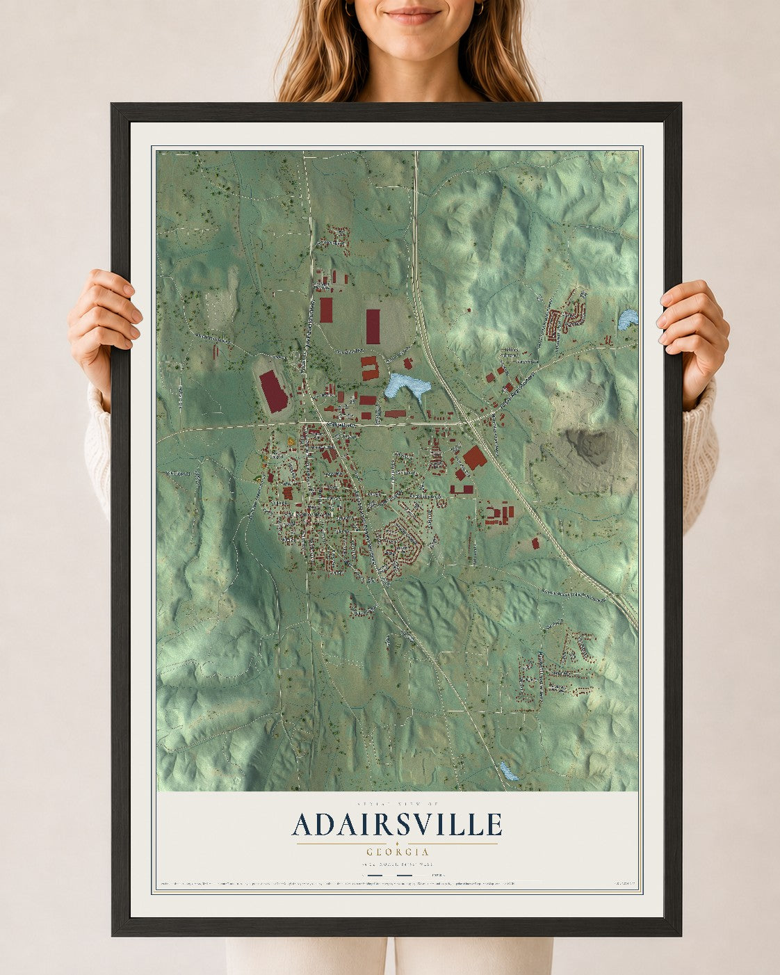 Adairsville, Georgia map print, 24" x 36" W/ Black Ayous Wood Frame mockup