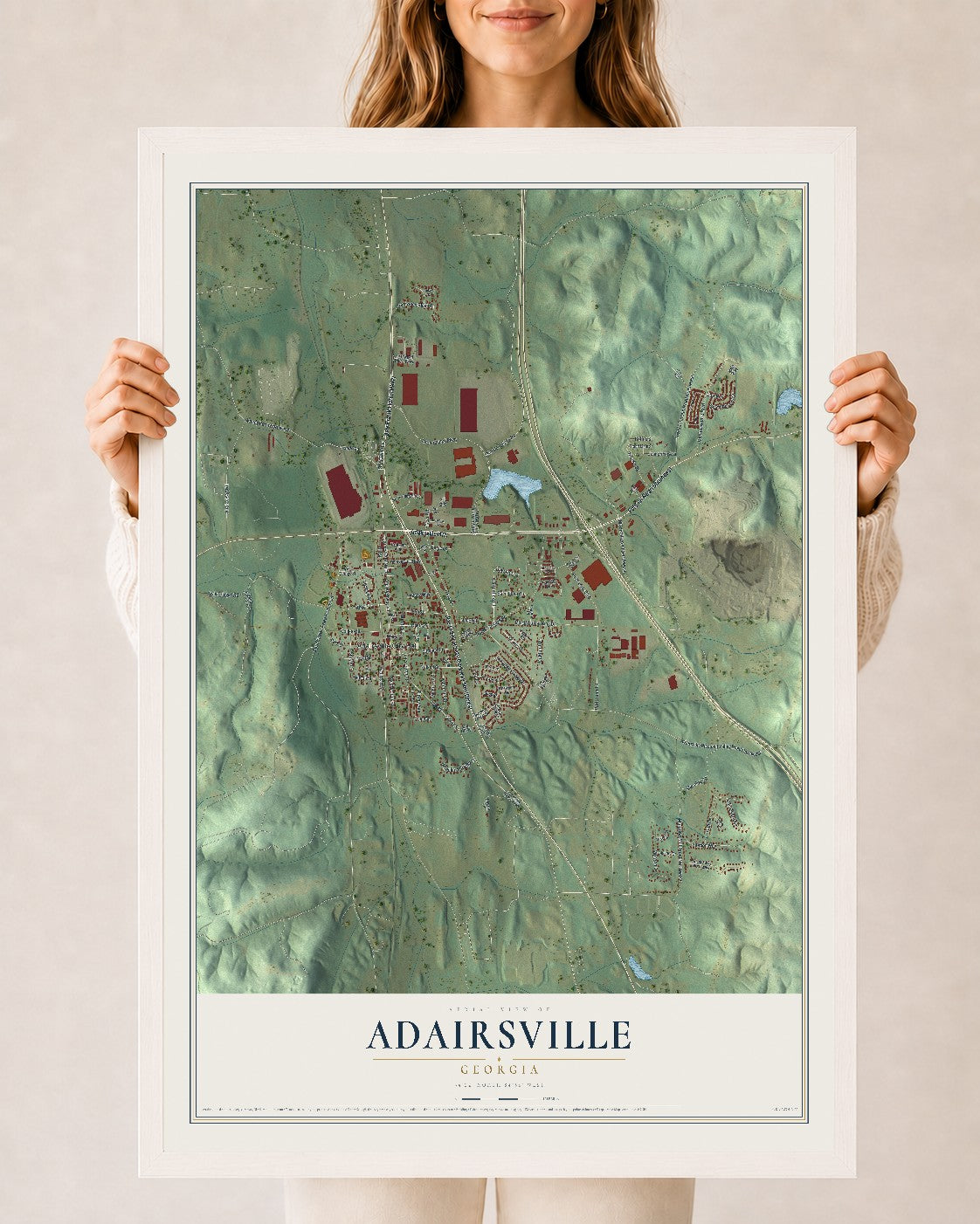 Adairsville, Georgia map print, 24" x 36" W/ White Ayous Wood Frame mockup