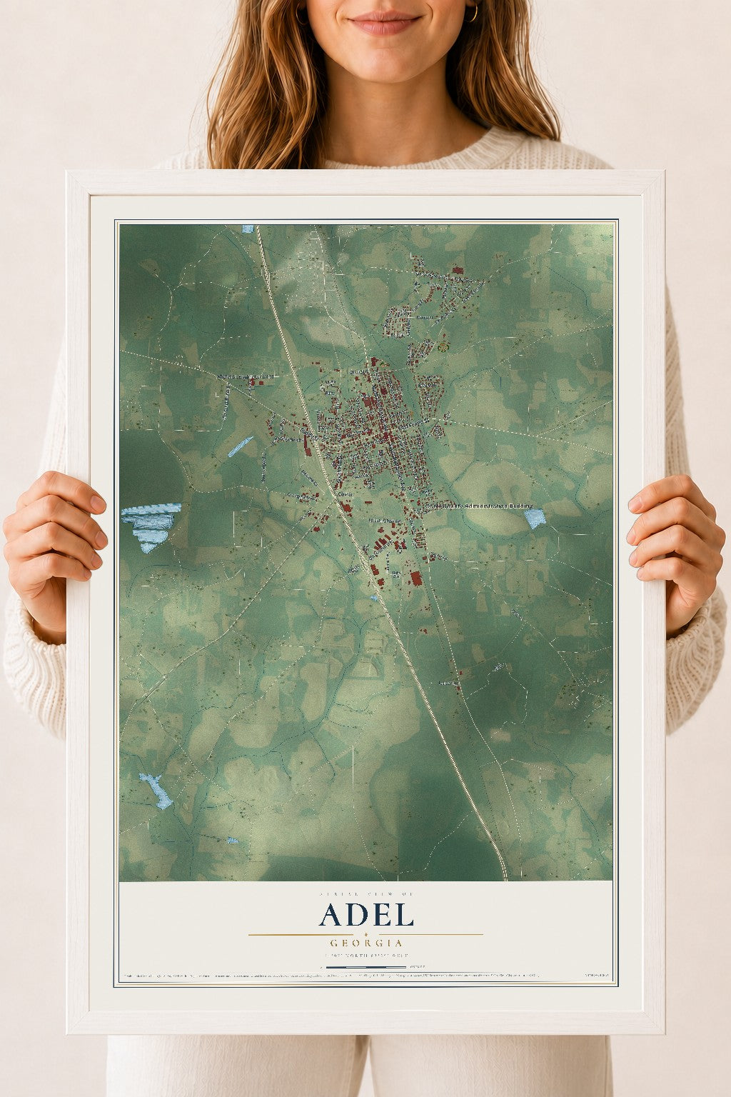 Adel, Georgia map print, 18" x 24" W/ White Ayous Wood Frame mockup