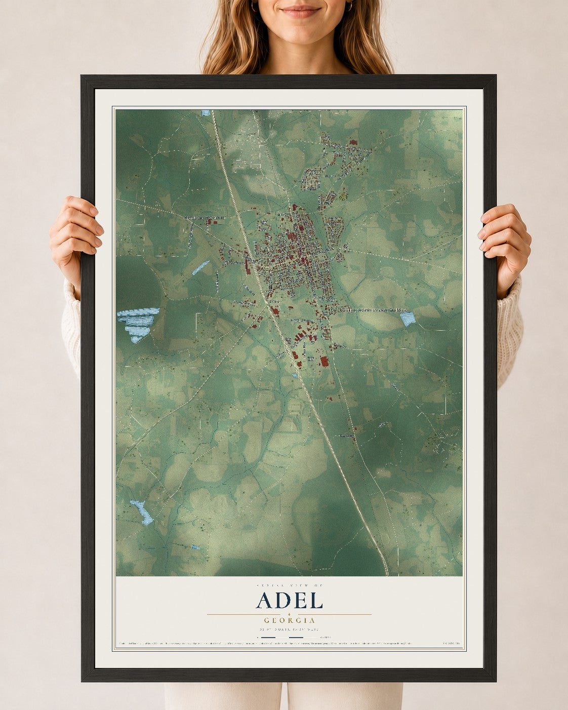Adel, Georgia map print, 24" x 36" W/ Black Ayous Wood Frame mockup