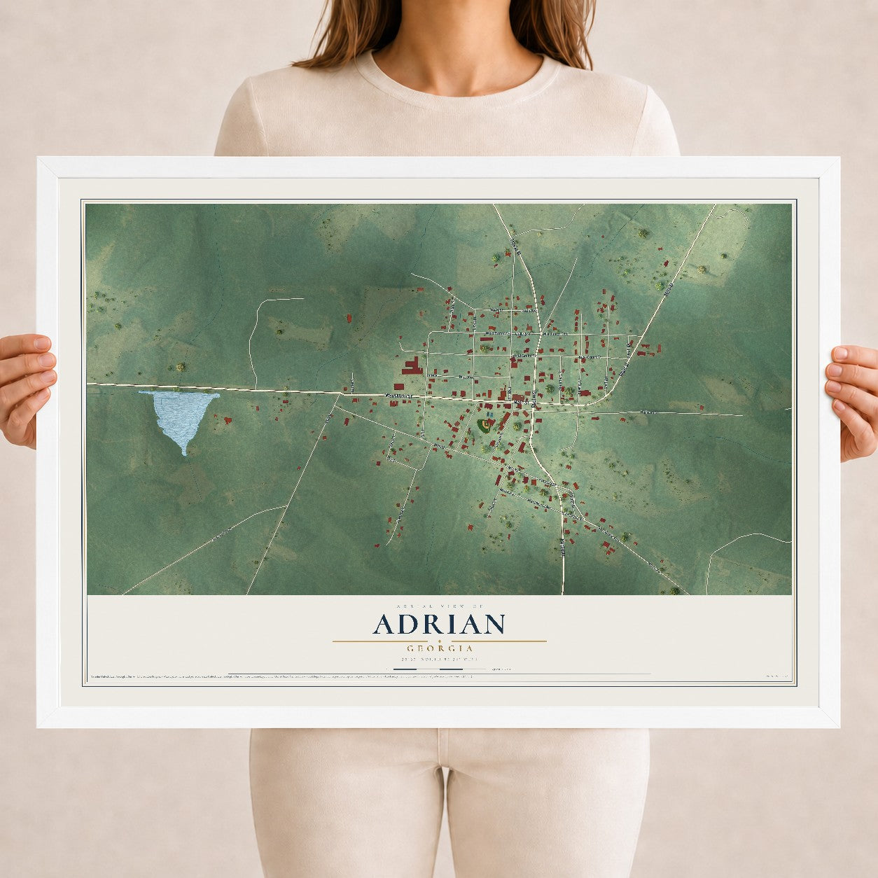 Adrian, Georgia map print, 18" x 24" W/ White Ayous Wood Frame mockup