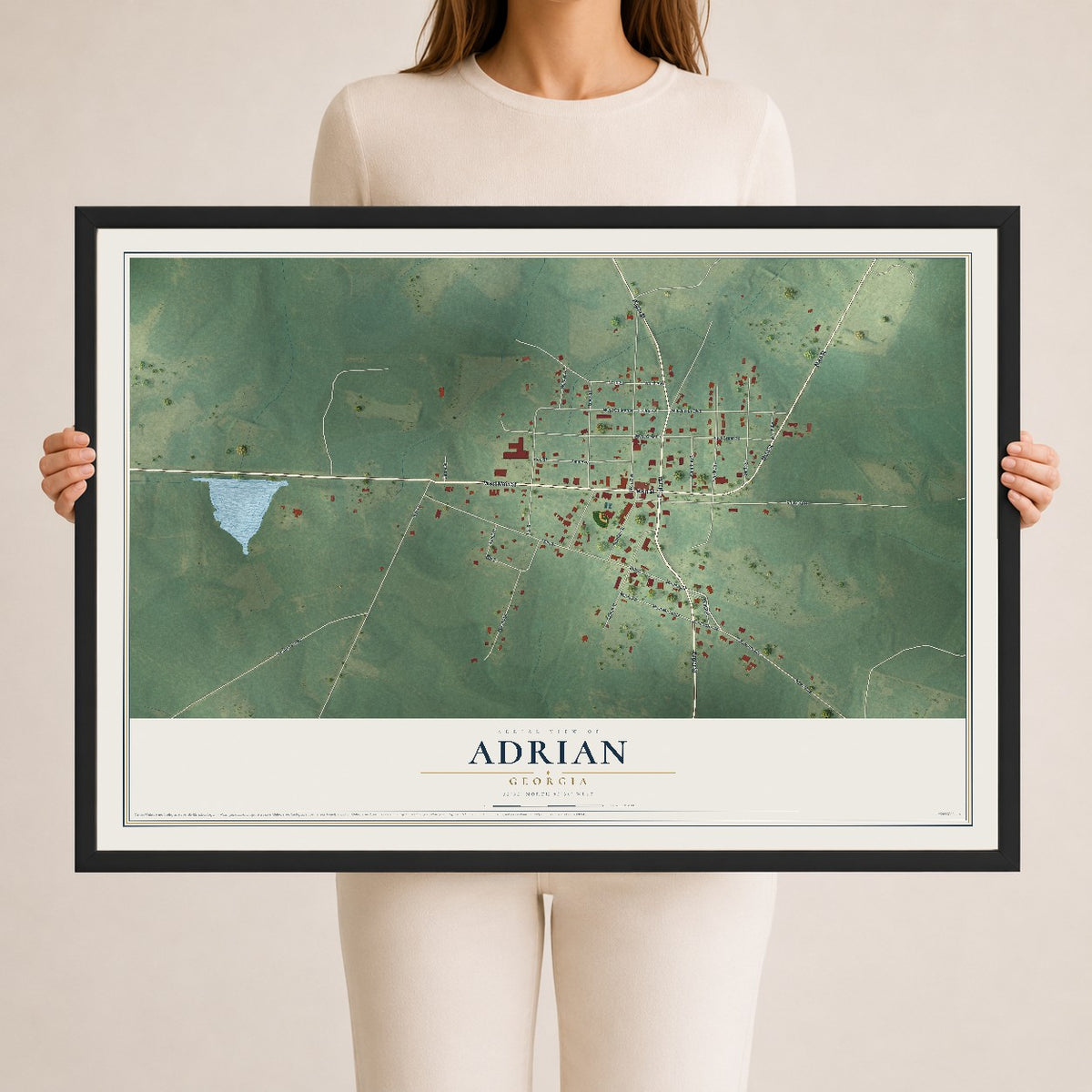 Adrian, Georgia map print, 24" x 36" W/ Black Ayous Wood Frame mockup