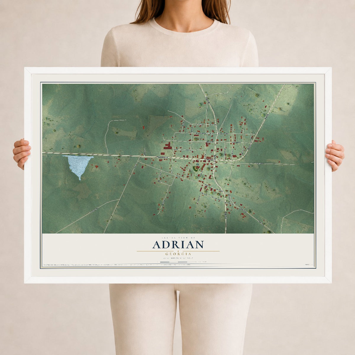 Adrian, Georgia map print, 24" x 36" W/ White Ayous Wood Frame mockup