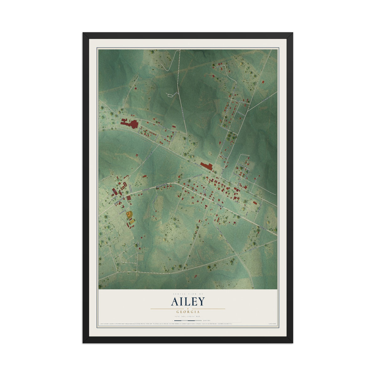Ailey, Georgia map print, 12" x 18" W/ Black Ayous Wood Frame mockup