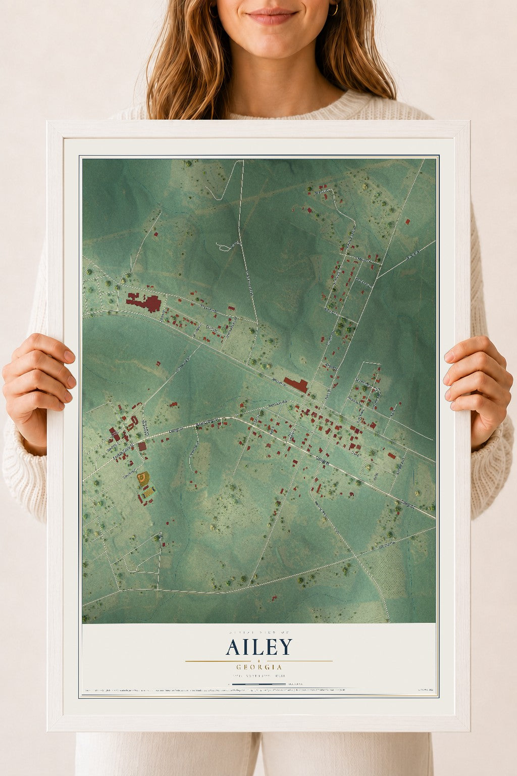 Ailey, Georgia map print, 18" x 24" W/ White Ayous Wood Frame mockup