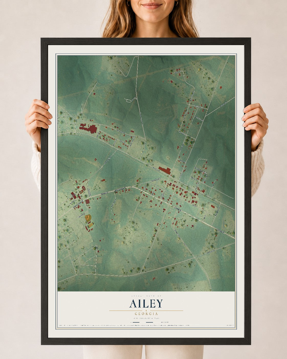 Ailey, Georgia map print, 24" x 36" W/ Black Ayous Wood Frame mockup