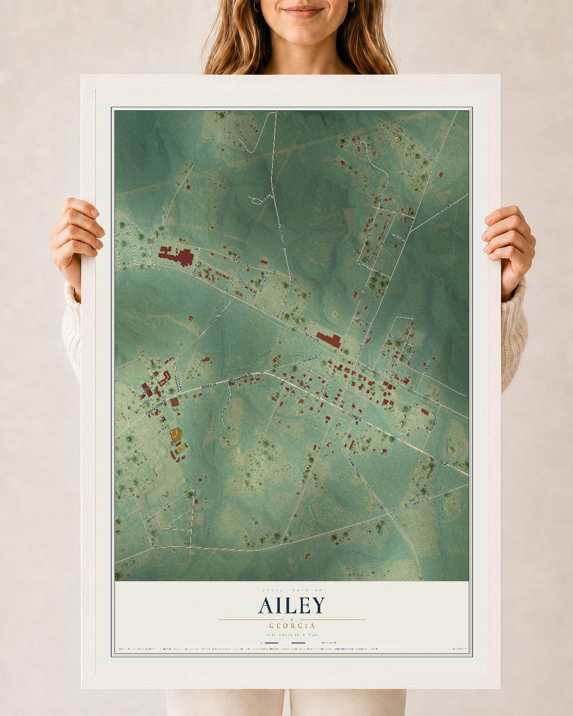 Ailey, Georgia map print, 24" x 36" W/ White Ayous Wood Frame mockup