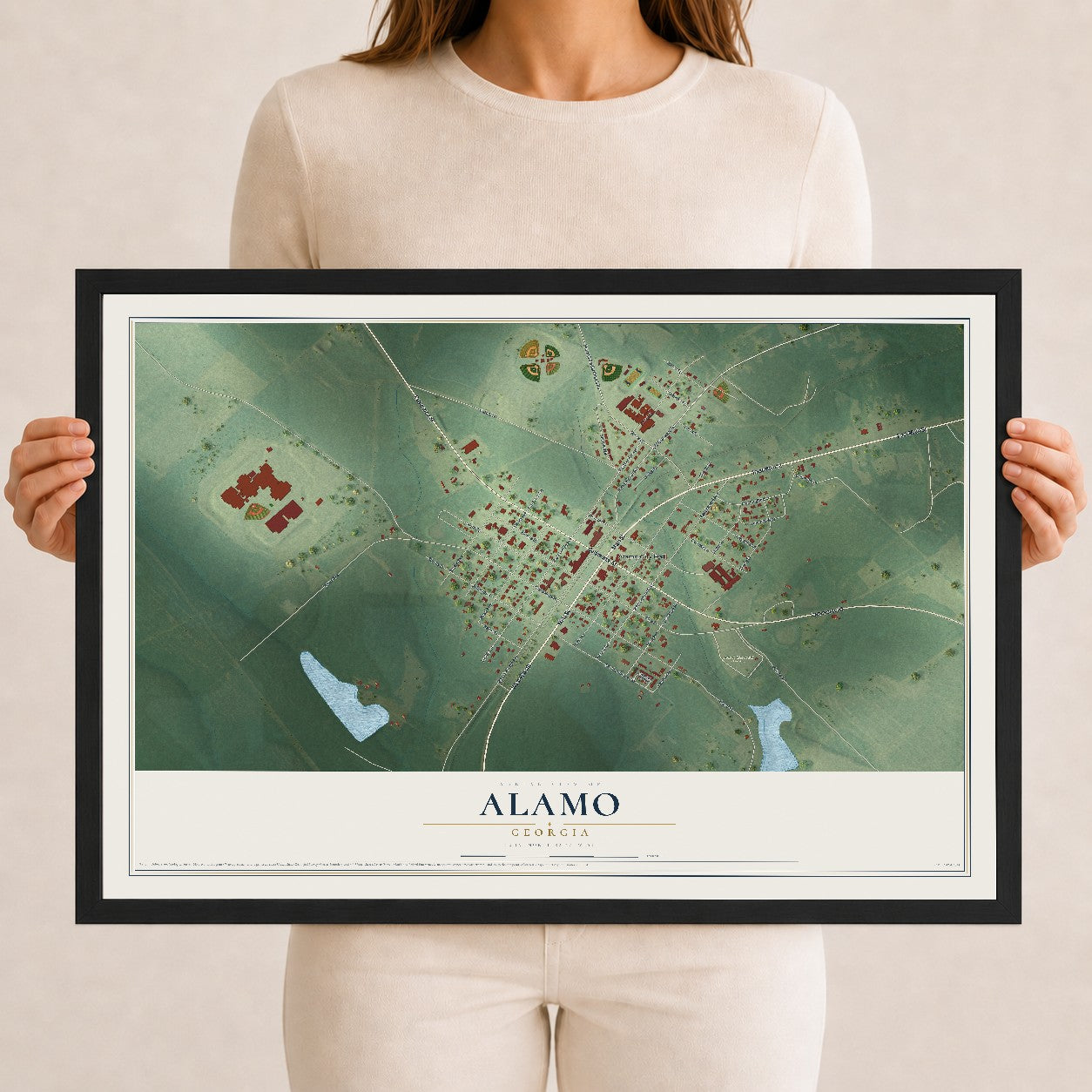 Alamo, Georgia map print, 12" x 18" W/ Black Ayous Wood Frame mockup