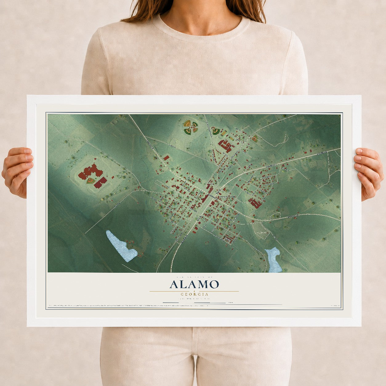 Alamo, Georgia map print, 12" x 18" W/ White Ayous Wood Frame mockup