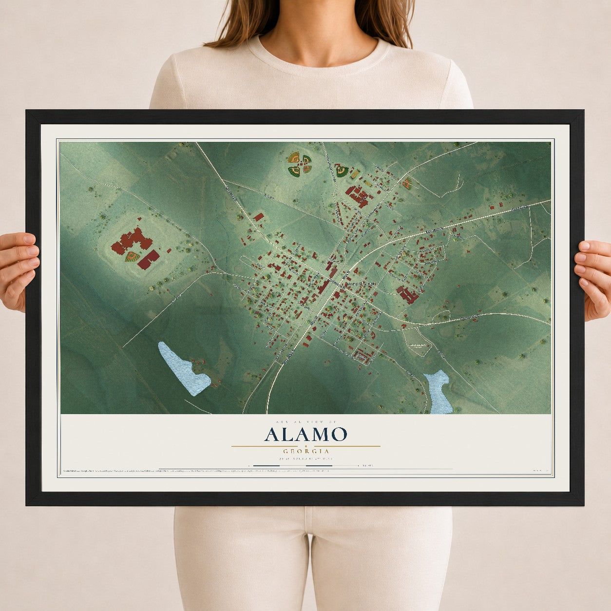 Alamo, Georgia map print, 18" x 24" W/ Black Ayous Wood Frame mockup
