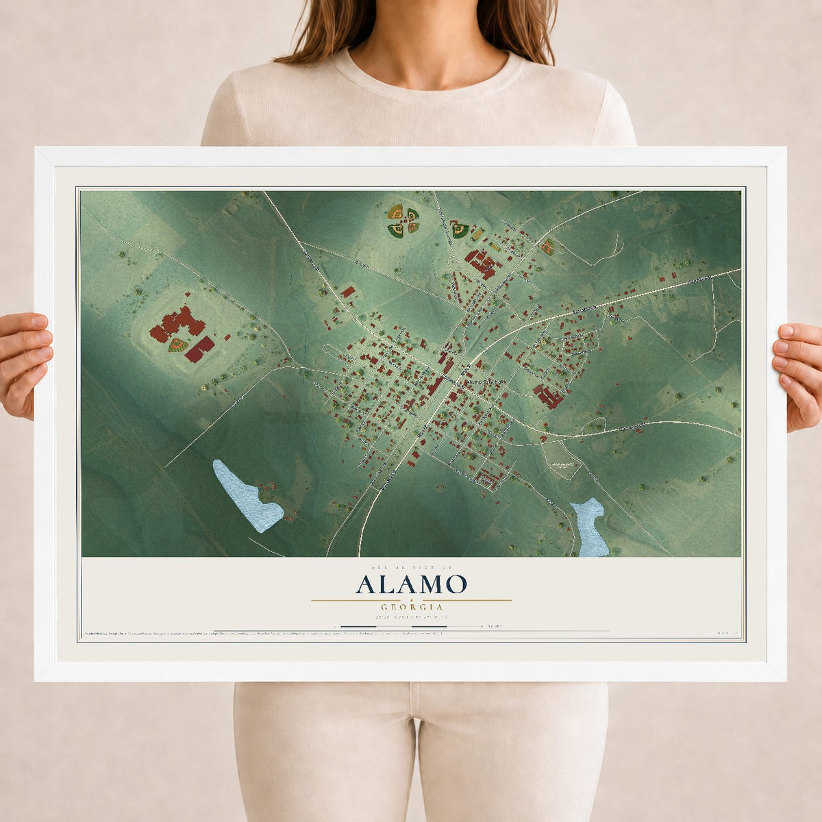 Alamo, Georgia map print, 18" x 24" W/ White Ayous Wood Frame mockup
