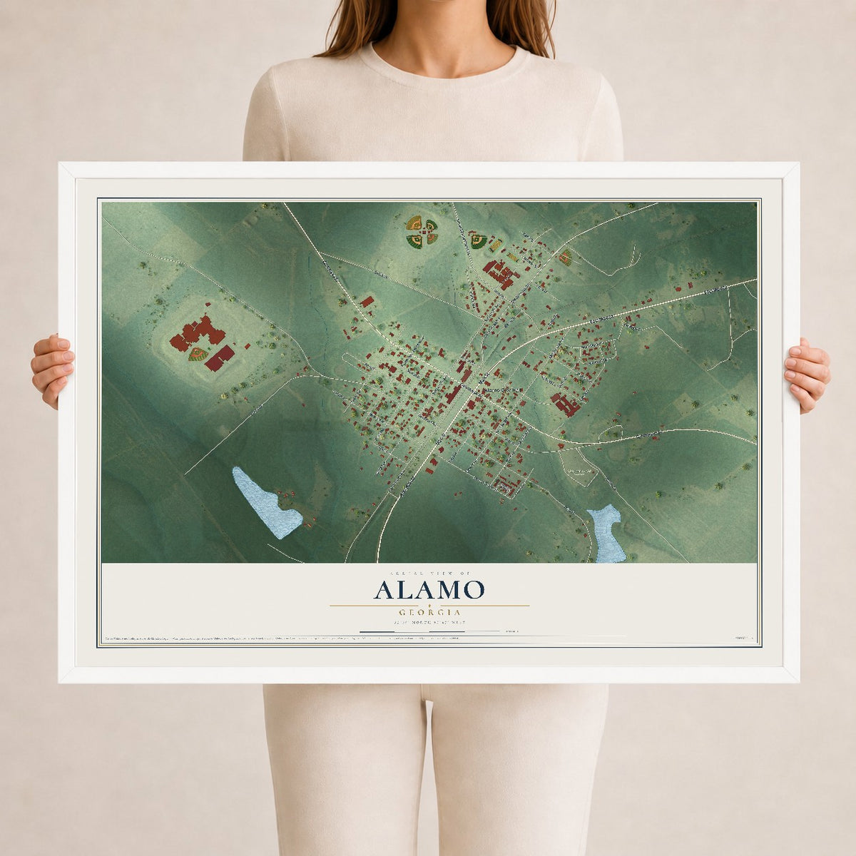 Alamo, Georgia map print, 24" x 36" W/ White Ayous Wood Frame mockup