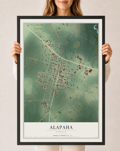 Alapaha, Georgia map print, 24" x 36" W/ Black Ayous Wood Frame mockup