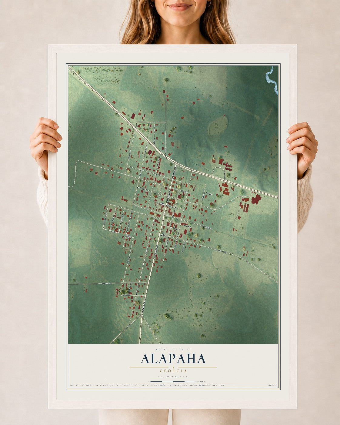 Alapaha, Georgia map print, 24" x 36" W/ White Ayous Wood Frame mockup