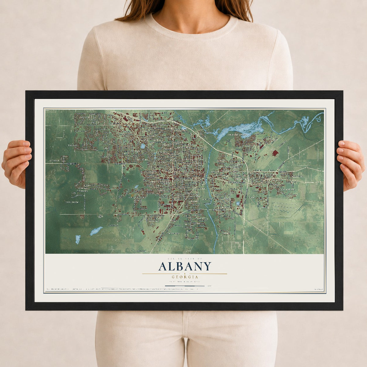 Albany, Georgia map print, 12" x 18" W/ Black Ayous Wood Frame mockup