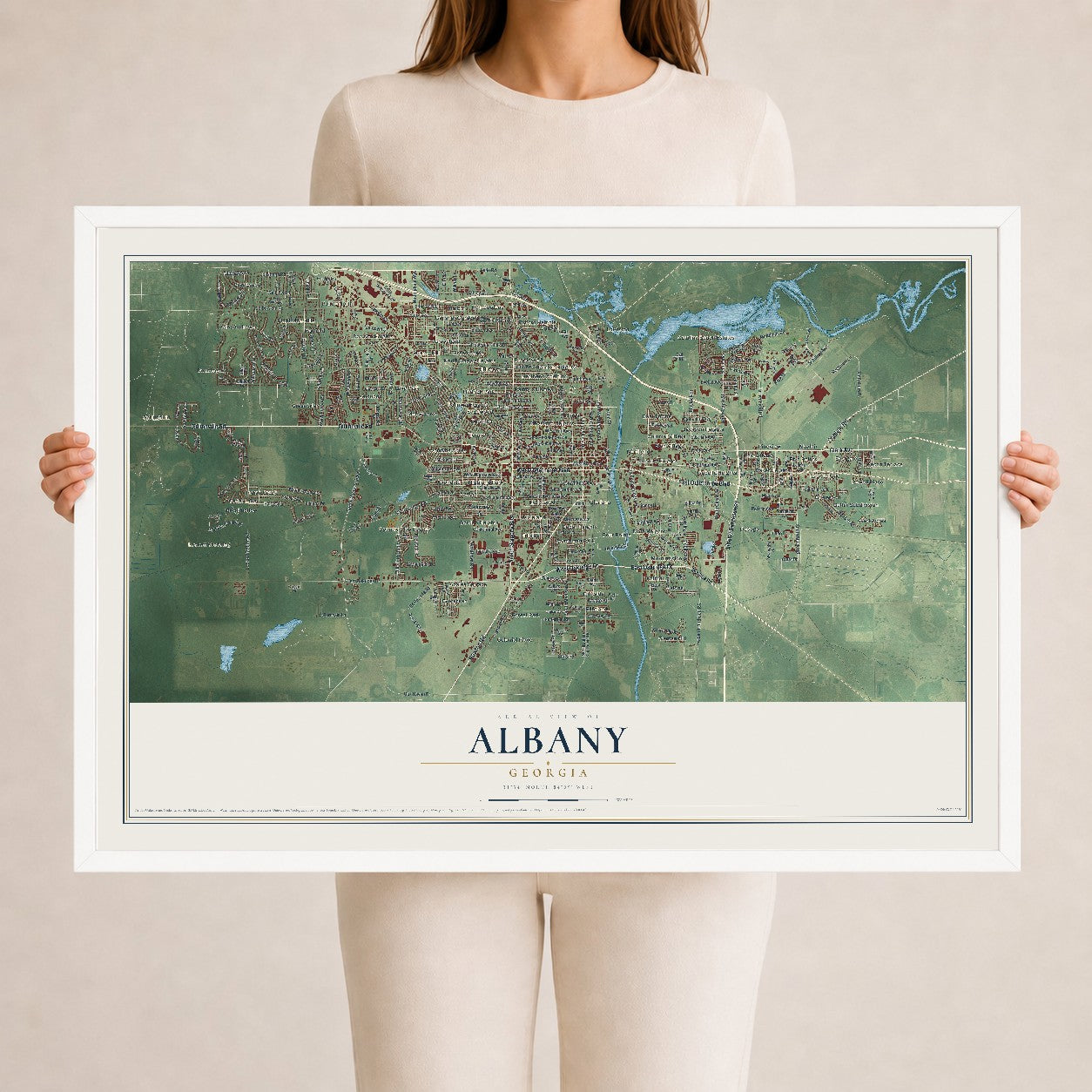 Albany, Georgia map print, 24" x 36" W/ White Ayous Wood Frame mockup