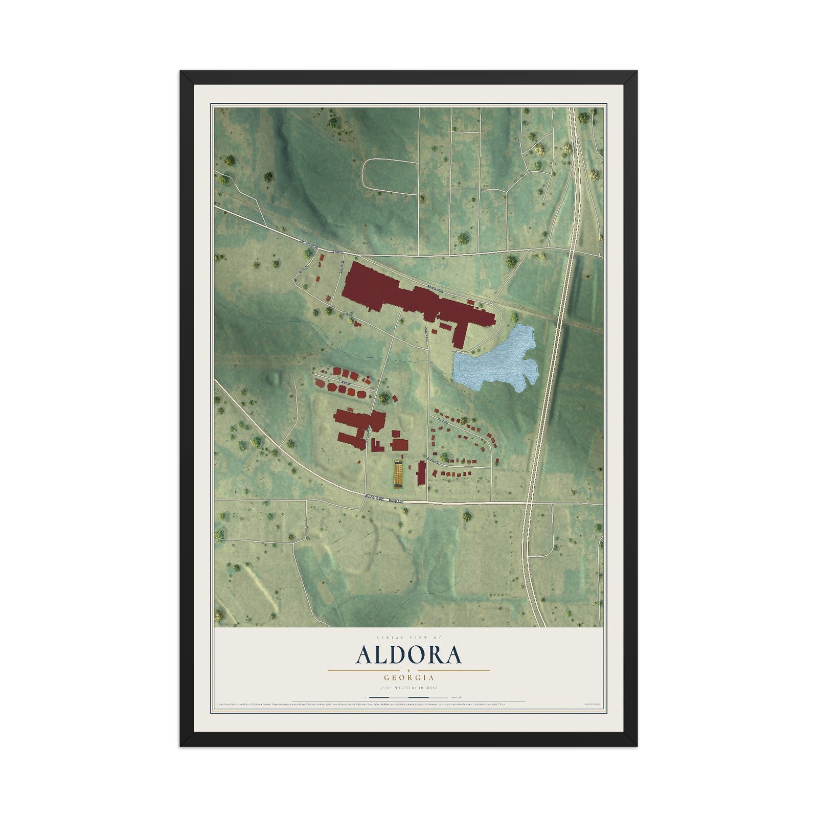 Aldora, Georgia map print, 12" x 18" W/ Black Ayous Wood Frame mockup