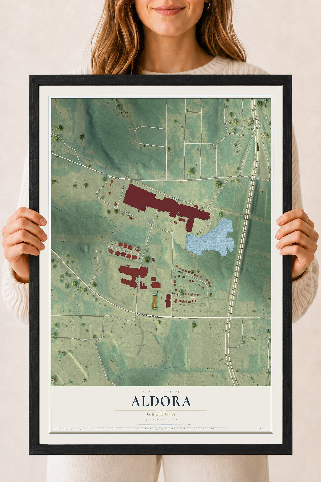 Aldora, Georgia map print, 18" x 24" W/ Black Ayous Wood Frame mockup