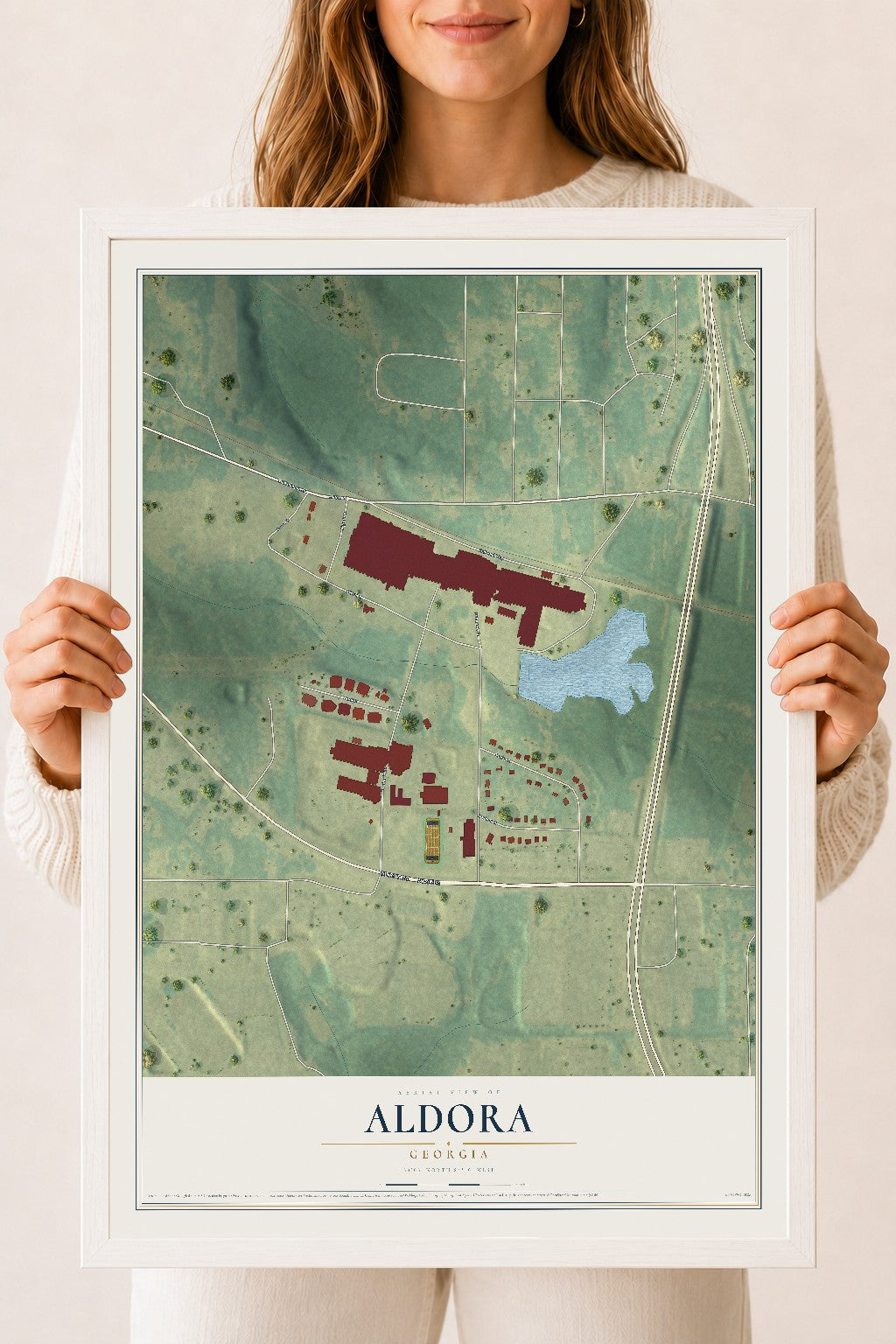 Aldora, Georgia map print, 18" x 24" W/ White Ayous Wood Frame mockup