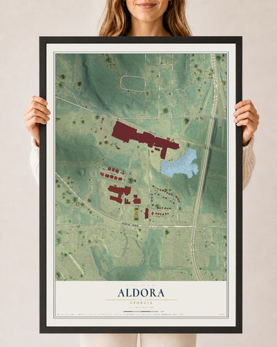 Aldora, Georgia map print, 24" x 36" W/ Black Ayous Wood Frame mockup
