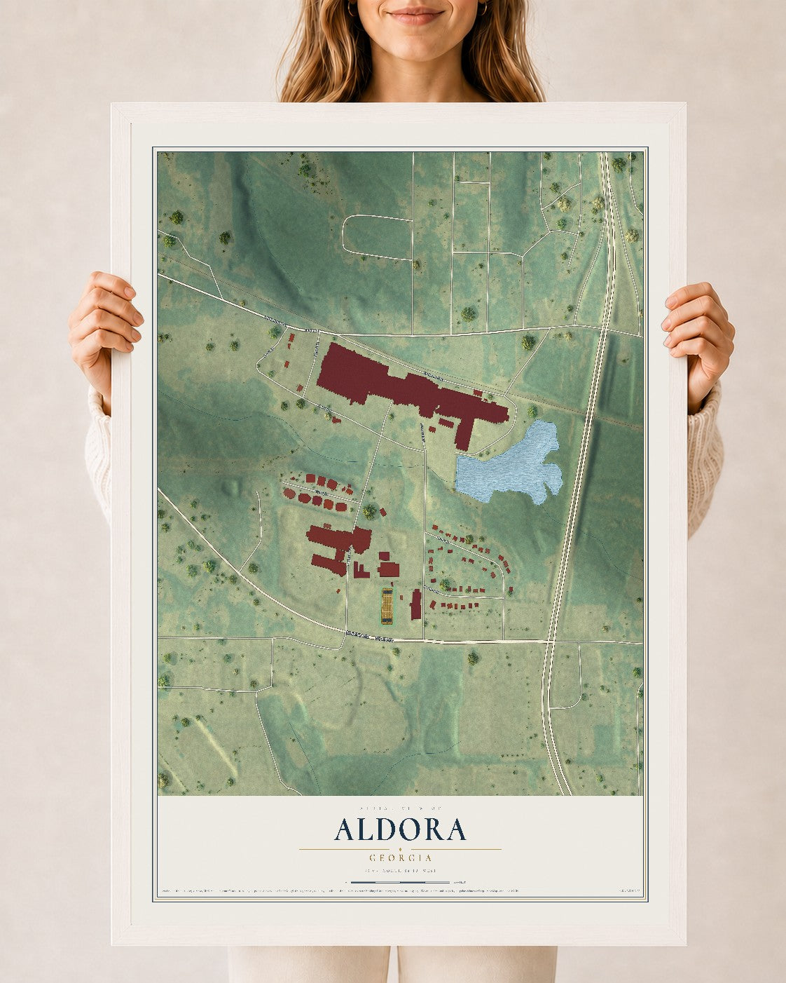 Aldora, Georgia map print, 24" x 36" W/ White Ayous Wood Frame mockup