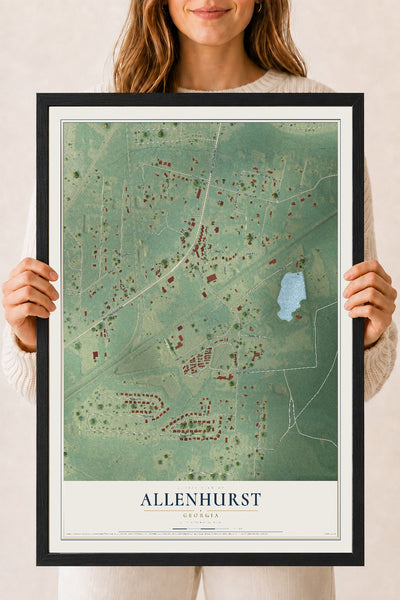 Allenhurst, Georgia map print, 18" x 24" W/ Black Ayous Wood Frame mockup