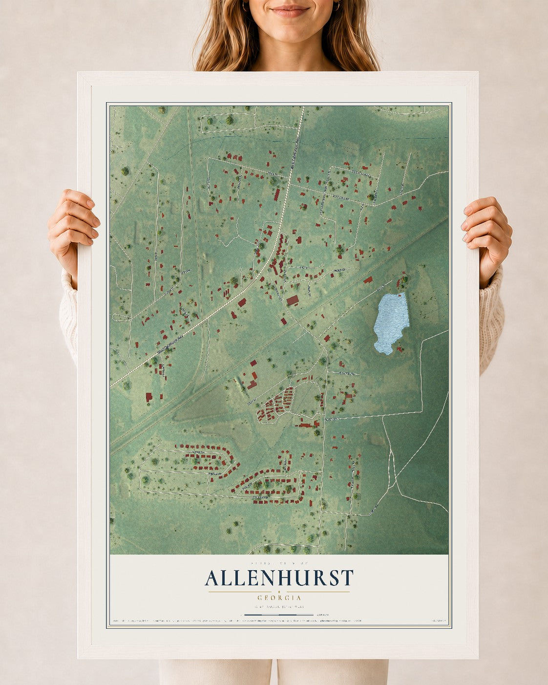 Allenhurst, Georgia map print, 24" x 36" W/ White Ayous Wood Frame mockup