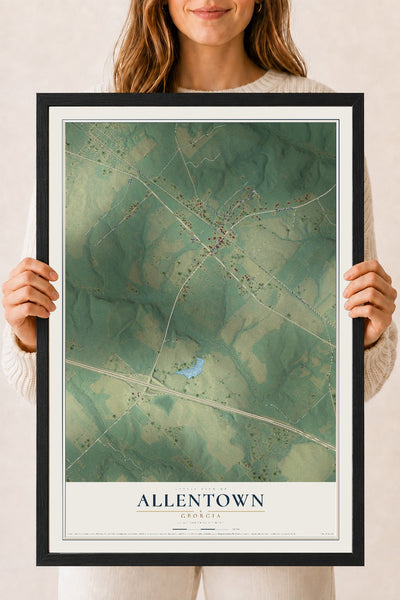 Allentown, Georgia map print, 18" x 24" W/ Black Ayous Wood Frame mockup