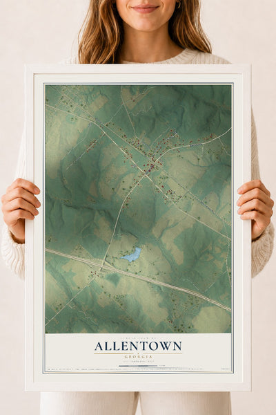 Allentown, Georgia map print, 18" x 24" W/ White Ayous Wood Frame mockup