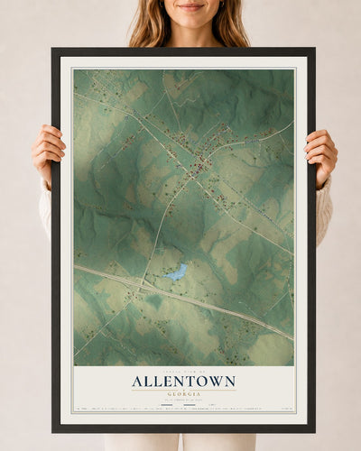 Allentown, Georgia map print, 24" x 36" W/ Black Ayous Wood Frame mockup