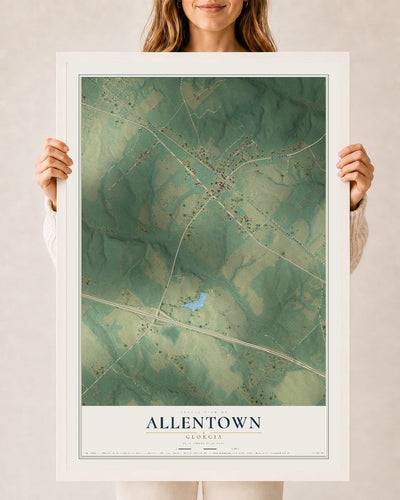 Allentown, Georgia map print, 24" x 36" W/ White Ayous Wood Frame mockup