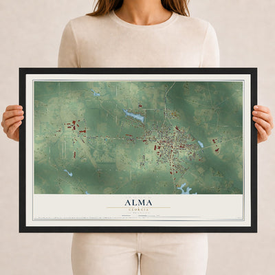 Alma, Georgia map print, 12" x 18" W/ Black Ayous Wood Frame mockup