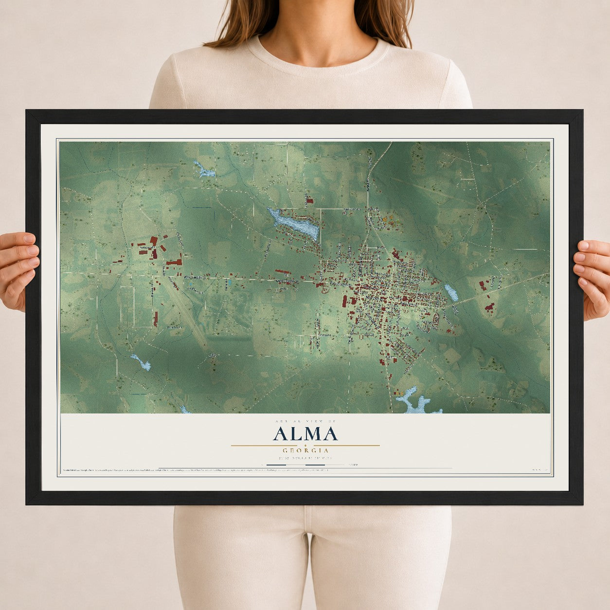 Alma, Georgia map print, 18" x 24" W/ Black Ayous Wood Frame mockup