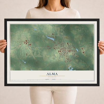 Alma, Georgia map print, 18" x 24" W/ Black Ayous Wood Frame mockup