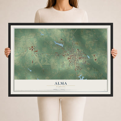 Alma, Georgia map print, 24" x 36" W/ Black Ayous Wood Frame mockup