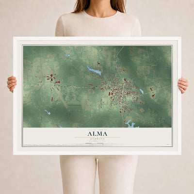 Alma, Georgia map print, 24" x 36" W/ White Ayous Wood Frame mockup