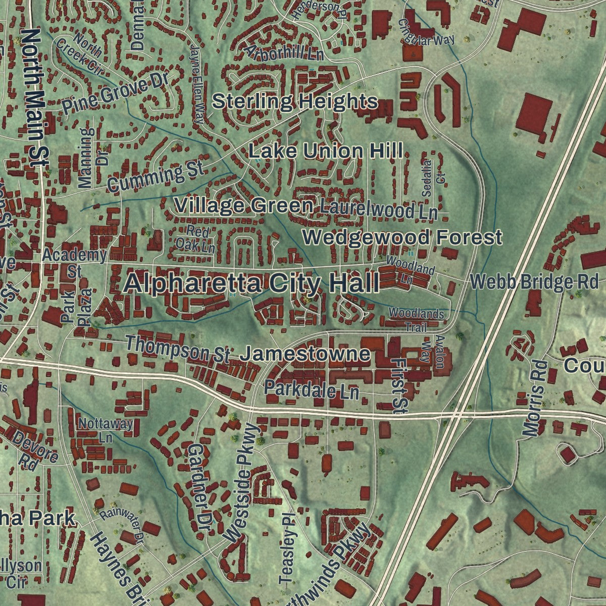 Close-up 2 of the Alpharetta, Georgia map artwork