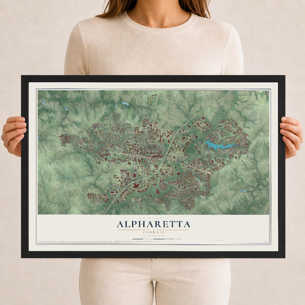 Alpharetta, Georgia map print, 12" x 18" W/ Black Ayous Wood Frame mockup