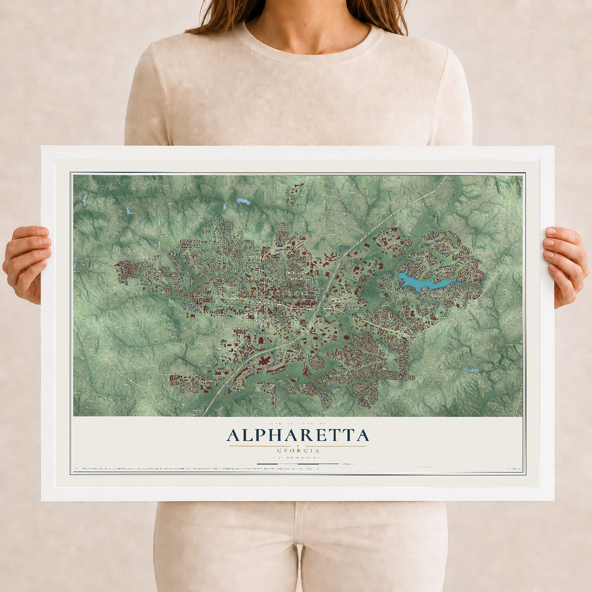Alpharetta, Georgia map print, 12" x 18" W/ White Ayous Wood Frame mockup