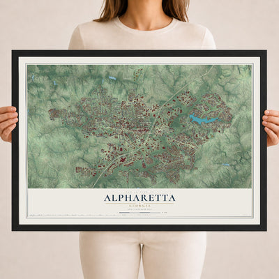 Alpharetta, Georgia map print, 18" x 24" W/ Black Ayous Wood Frame mockup
