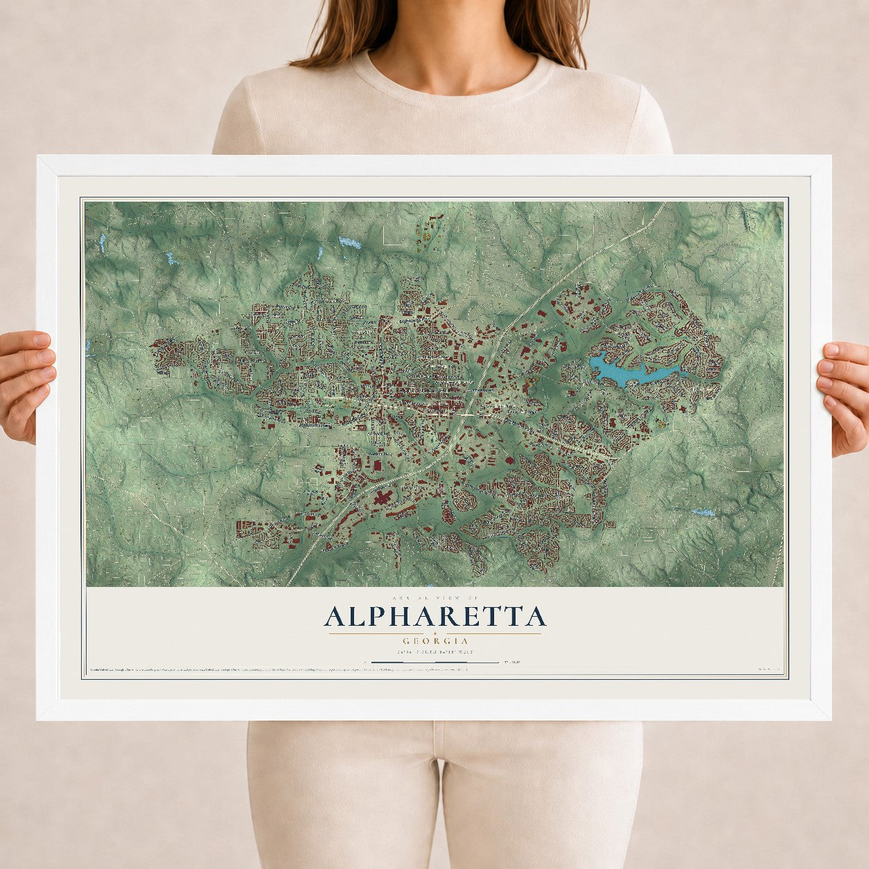 Alpharetta, Georgia map print, 18" x 24" W/ White Ayous Wood Frame mockup