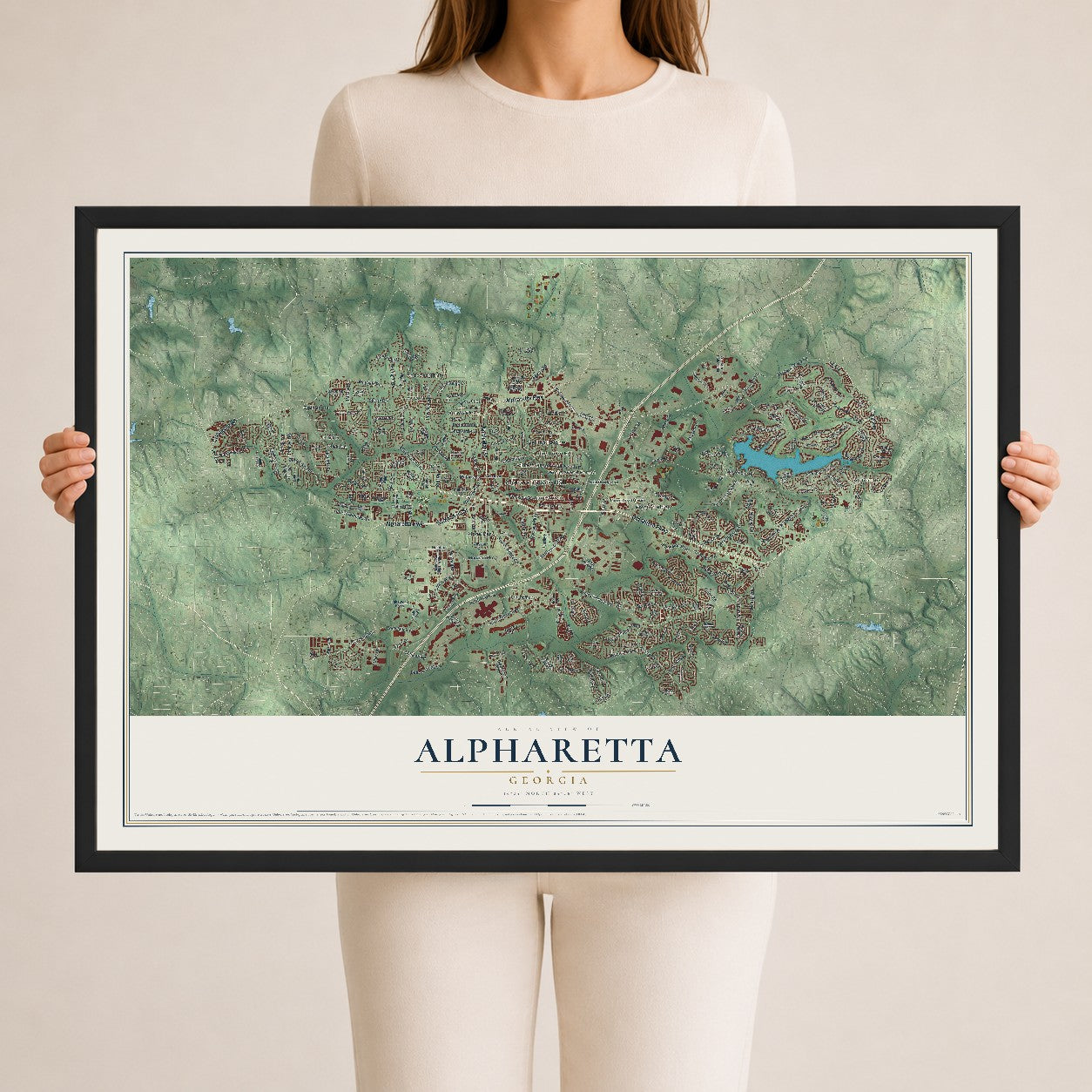 Alpharetta, Georgia map print, 24" x 36" W/ Black Ayous Wood Frame mockup