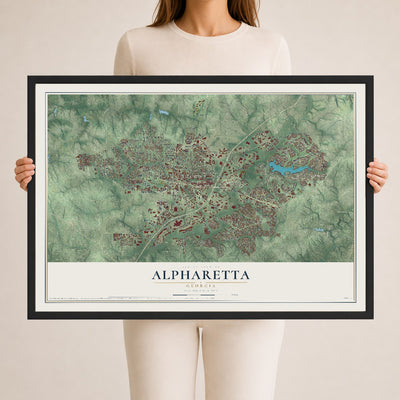 Alpharetta, Georgia map print, 24" x 36" W/ Black Ayous Wood Frame mockup
