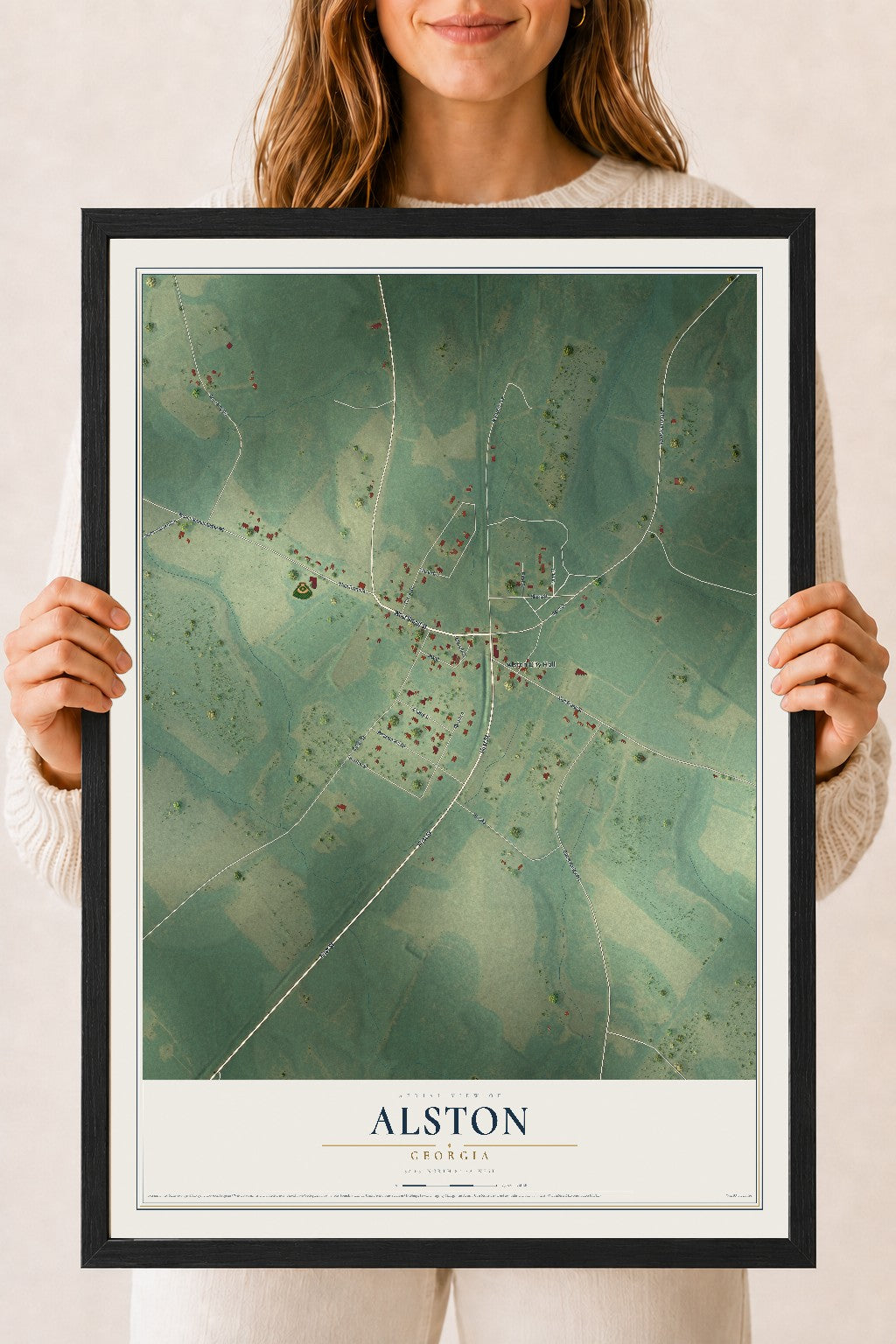 Alston, Georgia map print, 18" x 24" W/ Black Ayous Wood Frame mockup