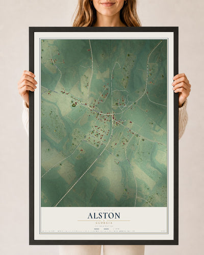 Alston, Georgia map print, 24" x 36" W/ Black Ayous Wood Frame mockup