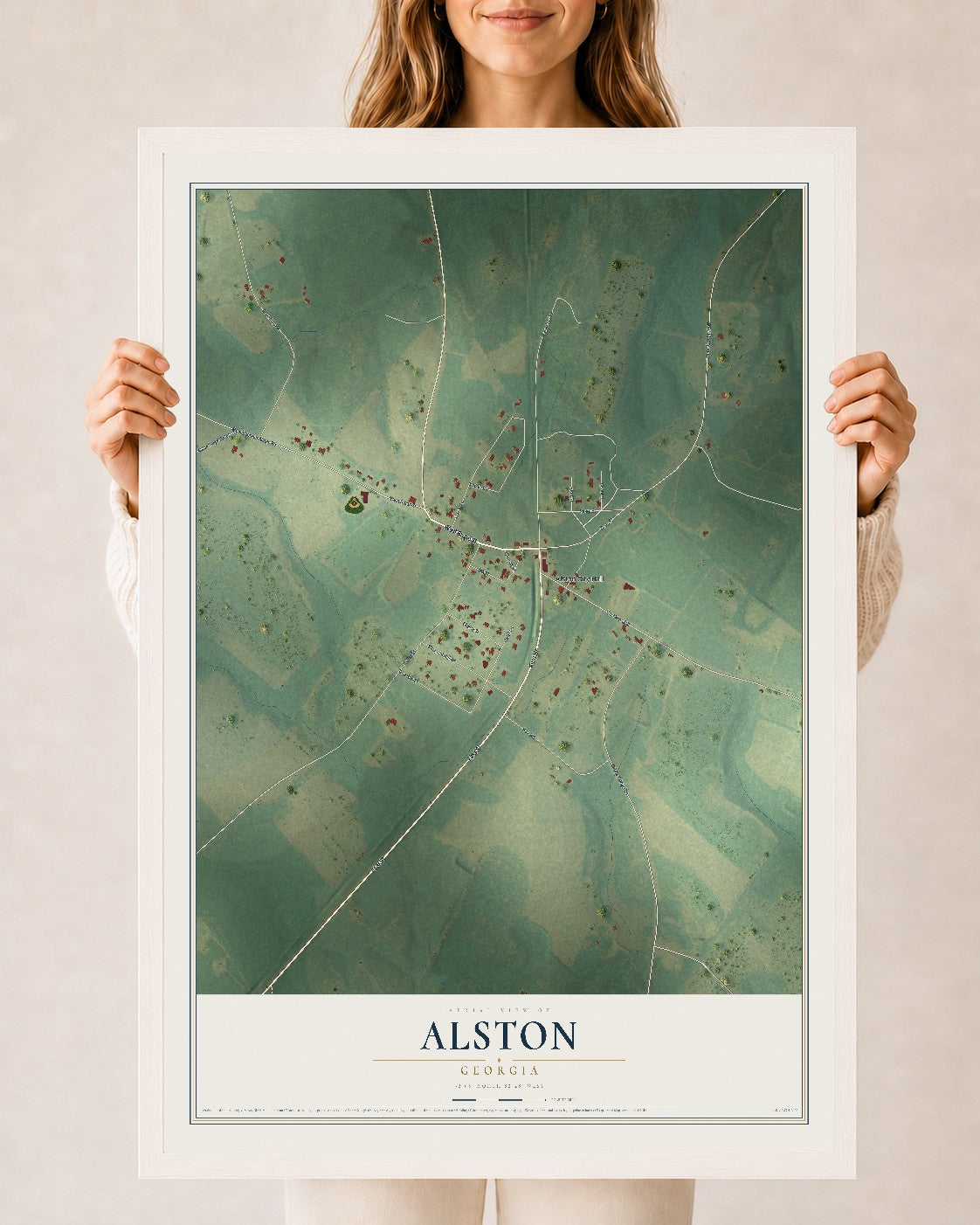 Alston, Georgia map print, 24" x 36" W/ White Ayous Wood Frame mockup
