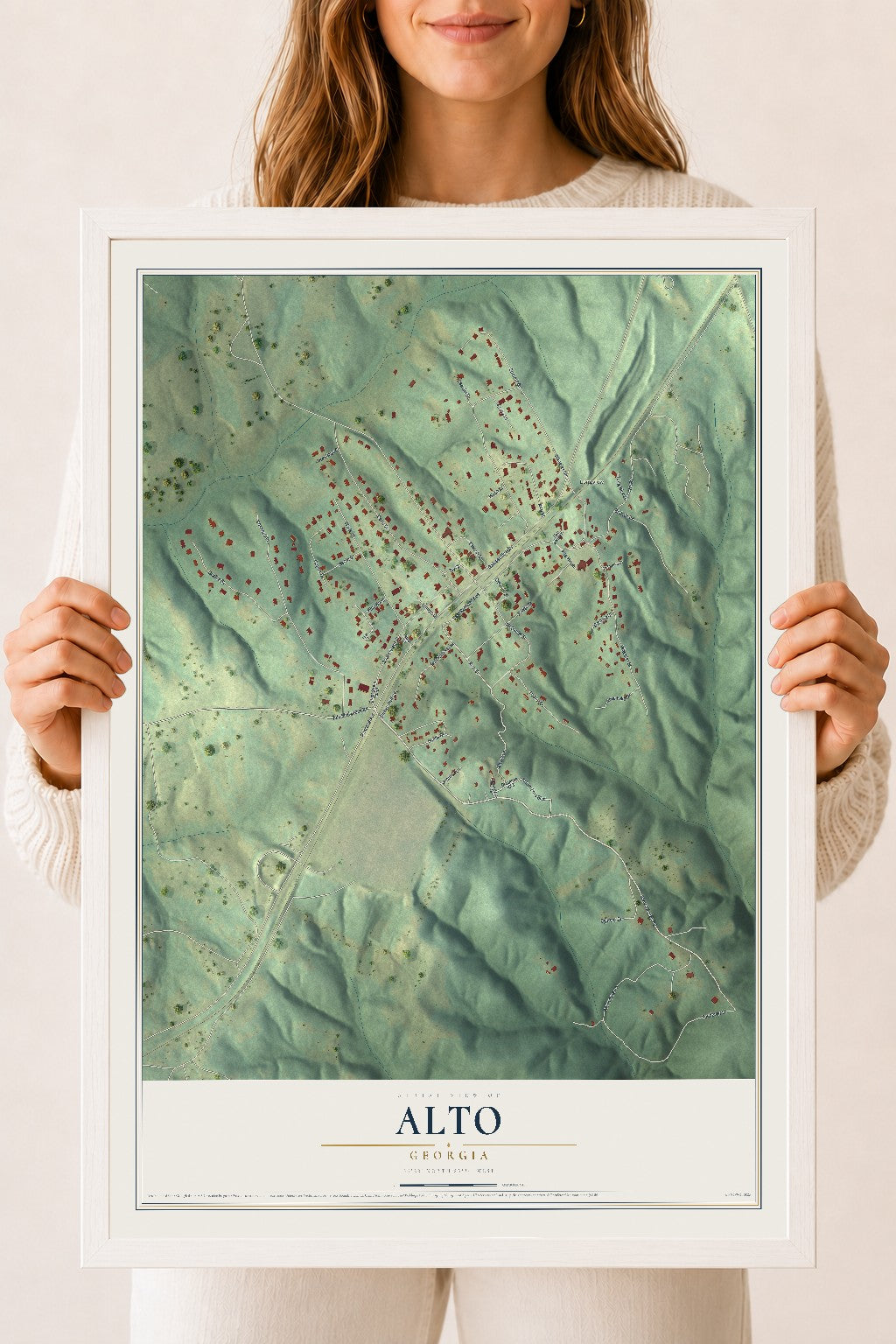 Alto, Georgia map print, 18" x 24" W/ White Ayous Wood Frame mockup