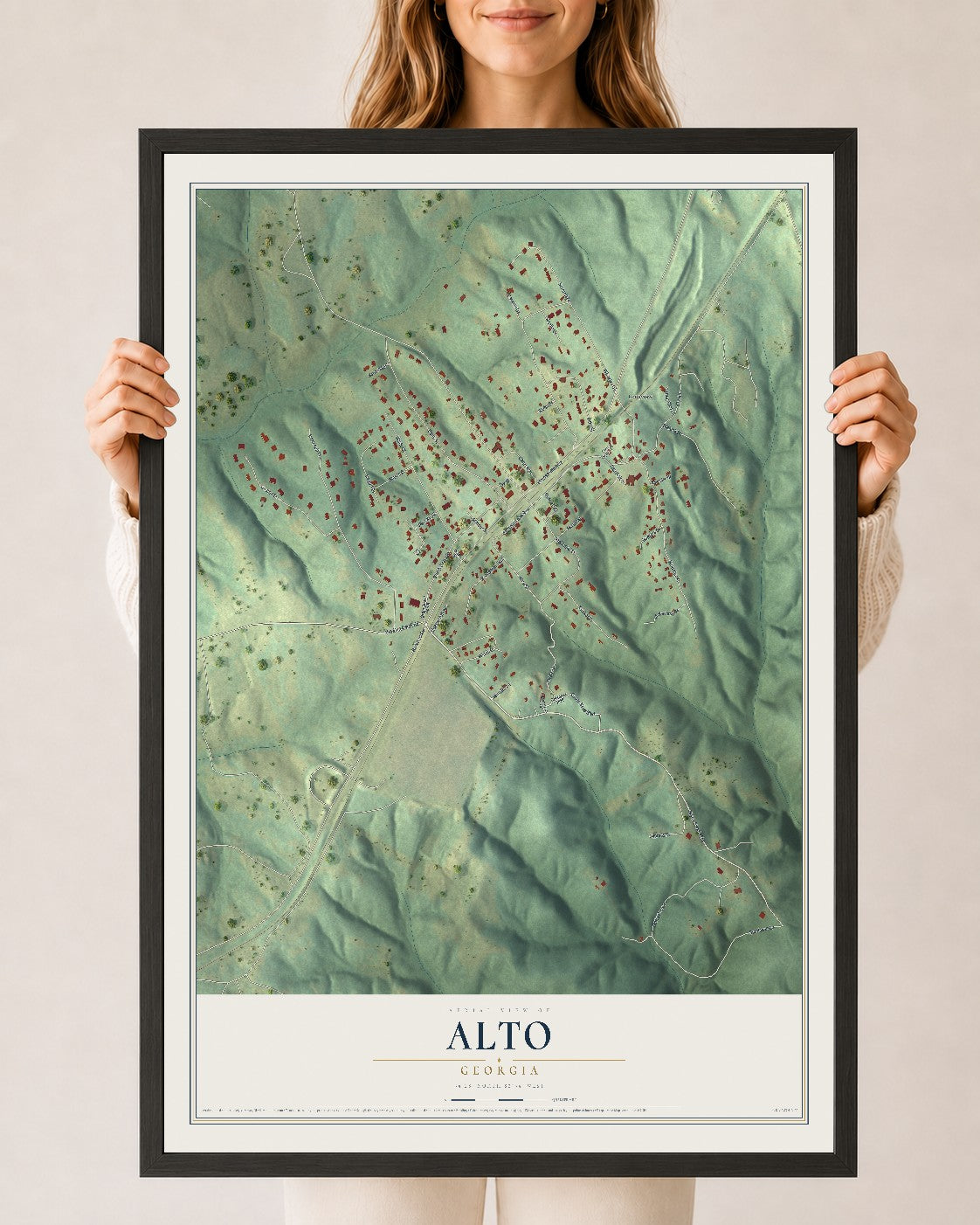 Alto, Georgia map print, 24" x 36" W/ Black Ayous Wood Frame mockup