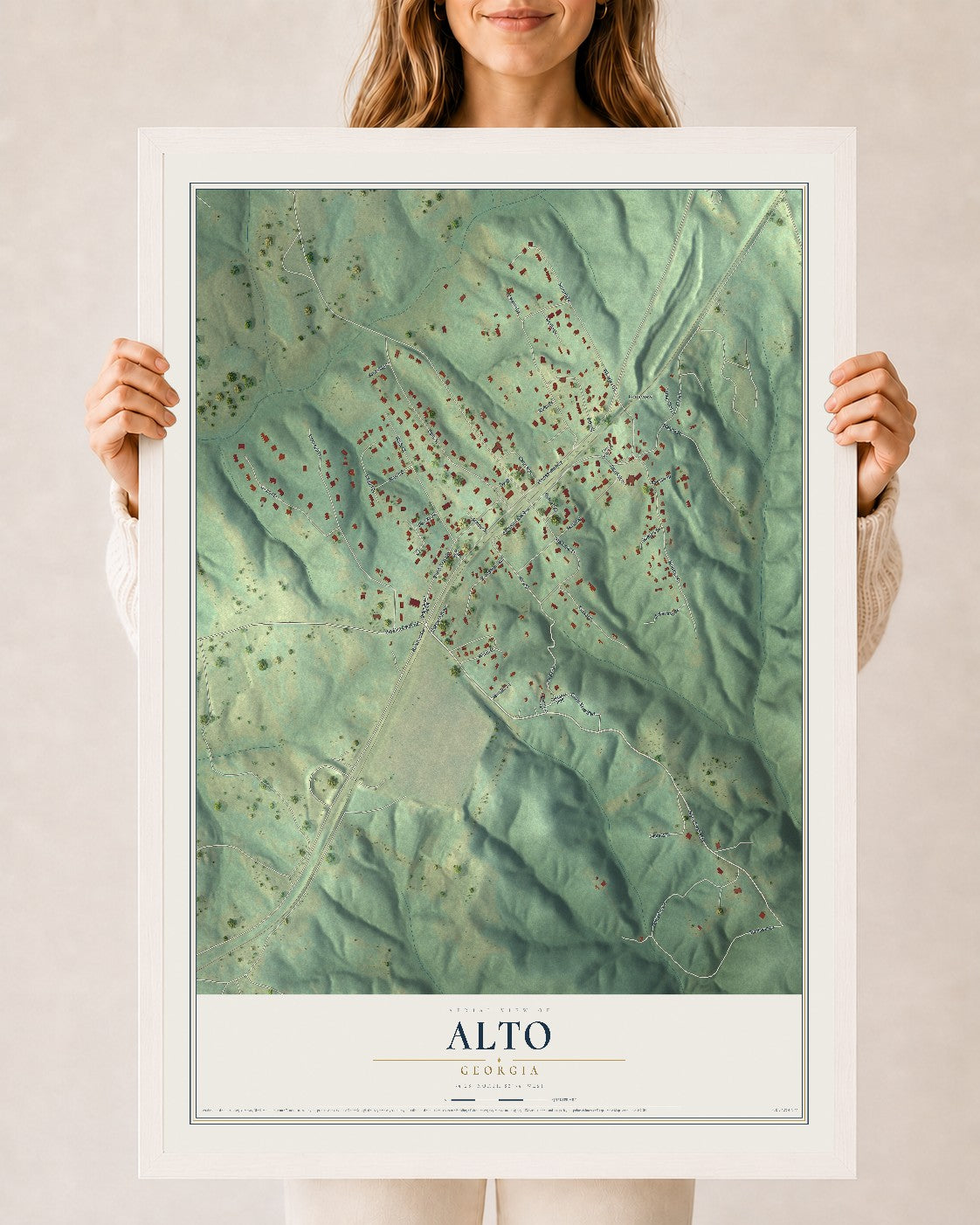 Alto, Georgia map print, 24" x 36" W/ White Ayous Wood Frame mockup