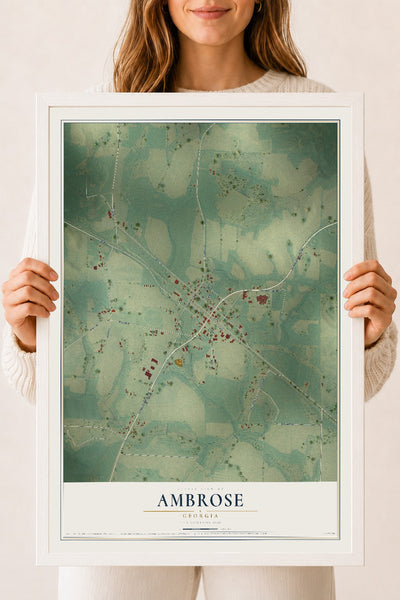 Ambrose, Georgia map print, 18" x 24" W/ White Ayous Wood Frame mockup